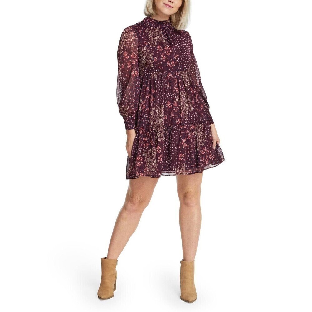 Eliza J women's Floral Long Sleeve Chiffon Minidress In Aubergine Size 4